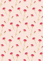 カーネーションのシームレスパターン　ピンク背景