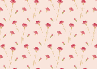 カーネーションのシームレスパターン　ピンク背景