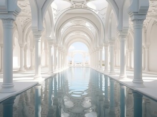 Obraz premium Classic style swimming pool in white tones decorated with curved Roman columns.