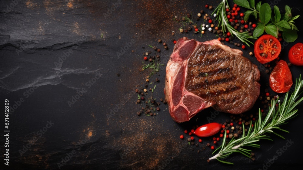 Poster grilled ribeye beef steak, herbs and spices. top view with copy space for your text