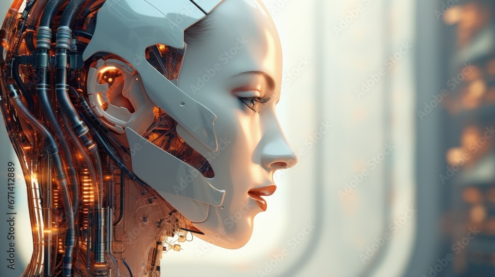 Poster Robot hominoid face close up with graphic concept of AI thinking brain , artificial intelligence and machine learning process for the 4th fourth industrial revolution. 3D rendering