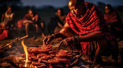 Pieces of goat meat being cooked the traditional way over and open fire in The Masai Mara. It is Maasai hospitality to share a slaughtered goat with friends. - obrazy, fototapety, plakaty