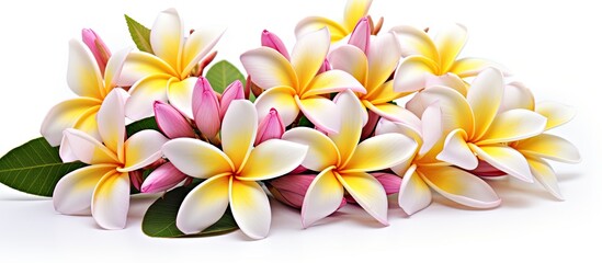Pink and yellow flowers from the Frangipani also known as Pagoda or Temple trees