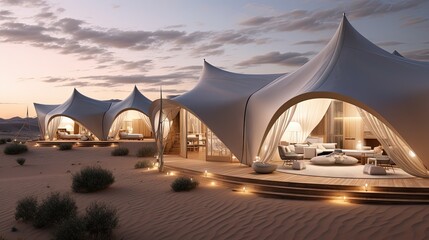Contemporary luxury glamping camp in Morocco Sahara desert. Sand dunes around. Many white modern eco tents.