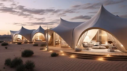 Poster Contemporary luxury glamping camp in Morocco Sahara desert. Sand dunes around. Many white modern eco tents. © HN Works