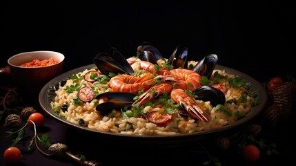 Mediterranean risotto with shrimps, mussels, octopus and clams. Seafood risotto