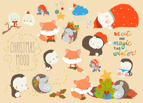 Cute Cartoon Set of Funny Animals with Christmas Elements