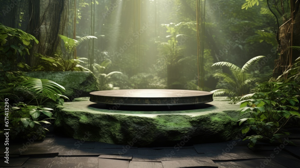 Poster stone platform in tropical green forest for product presentation. 3d rendering