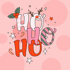 Ho Ho Ho vibes. Card in trendy retro cartoon style. Template postcard christmas groovy poster