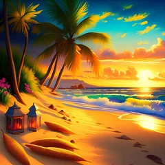 Fototapeten Paysage paradisiaque, palmiers plage, coucher de soleil. © Xela