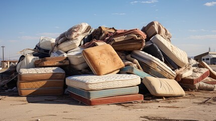 Dirty used mattresses piled at recycling site. - obrazy, fototapety, plakaty