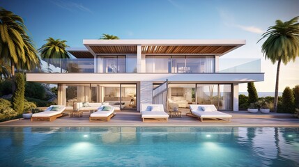 Fototapeta premium Luxury beach house with sea view swimming pool and terrace in modern design. 3d illustration of contemporary holiday villa exterior.