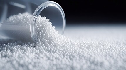 Secondary granule made of polypropylene, white Plastic pellets crumbles to the table. Plastic raw materials in granules for industry. Polymer resin. Raw plastic recycling concept - obrazy, fototapety, plakaty