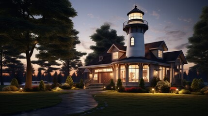 New design light house with wide lawn and decorative outdoor lighting, external view