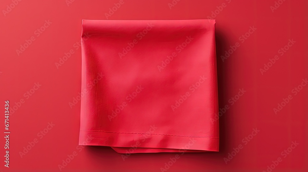 Leinwandbilder top view with red empty kitchen napkin isolated on table background. folded cloth for mockup with co
