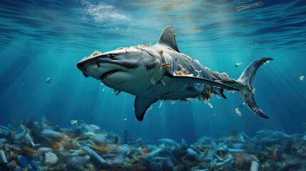 Obraz premium Shark. Save marine life. Conceptual art collage with drawn fish filled with garbage and plastic waste over blue background. Water pollution, saving environment, ecology, world social and eco issues