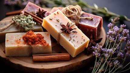 Natural handmade soap bars with organic medicinal plants, cinnamon spice and flowers.Homemade beauty products with natural essential oils from plants and flowers, top view closeup photo - obrazy, fototapety, plakaty