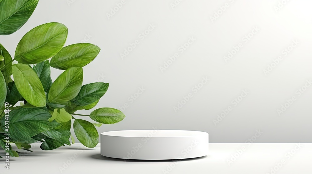 Poster product display podium stand with nature leaves on white background. 3d rendering
