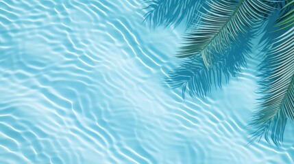 Fototapeta na wymiar Aqua waves and coconut palm shadow on blue background. Water pool texture top view.Tropical summer mockup design. Luxury travel holiday. 3d render