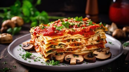 Healthy meatless dairy-free vegan tofu lasagna with champignon mushrooms, tomato sauce, Italian seasoning, served on a baking dish with fresh herbs on a white wooden table, close-up