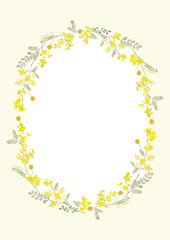 水彩で描いた可愛いミモザライン　黄色背景