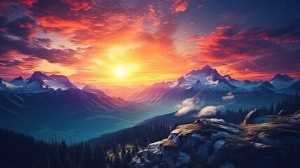 Amazing mountain landscape with colorful vivid sunrise on the dramatic sky, natural outdoor travel background. Beauty world.