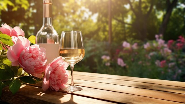 Bottle and glasses of rose wine near beautiful peonies on wooden table in garden