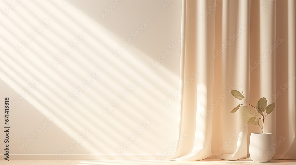 Poster Minimalistic abstract gentle light beige background for product presentation with light and shadow of window curtains on wall.