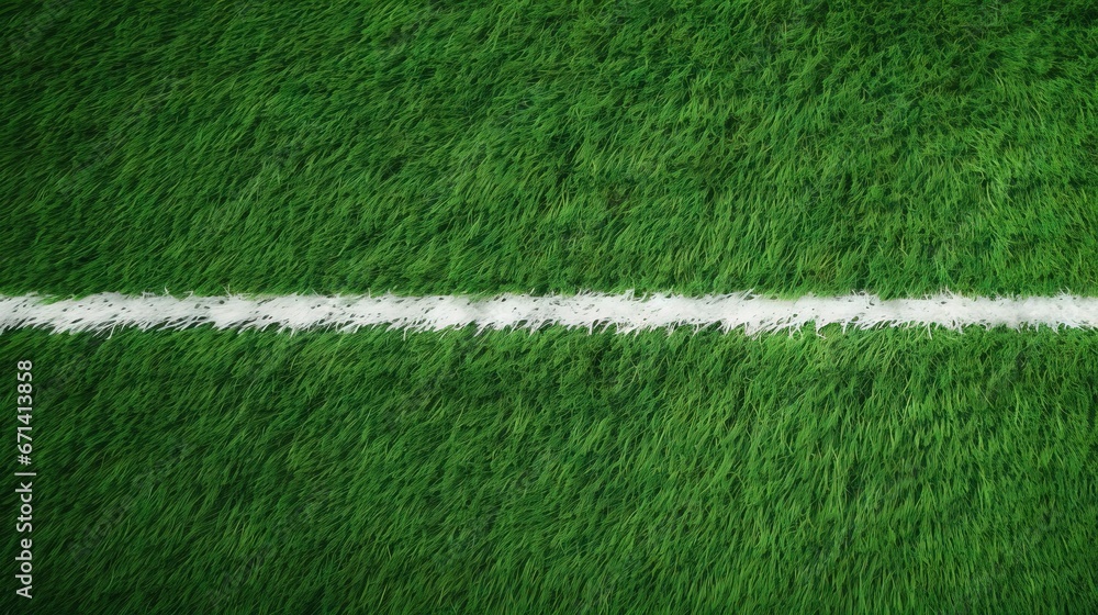 Poster artificial green grass with white stripe of soccer field. white line on green grass a field of play.