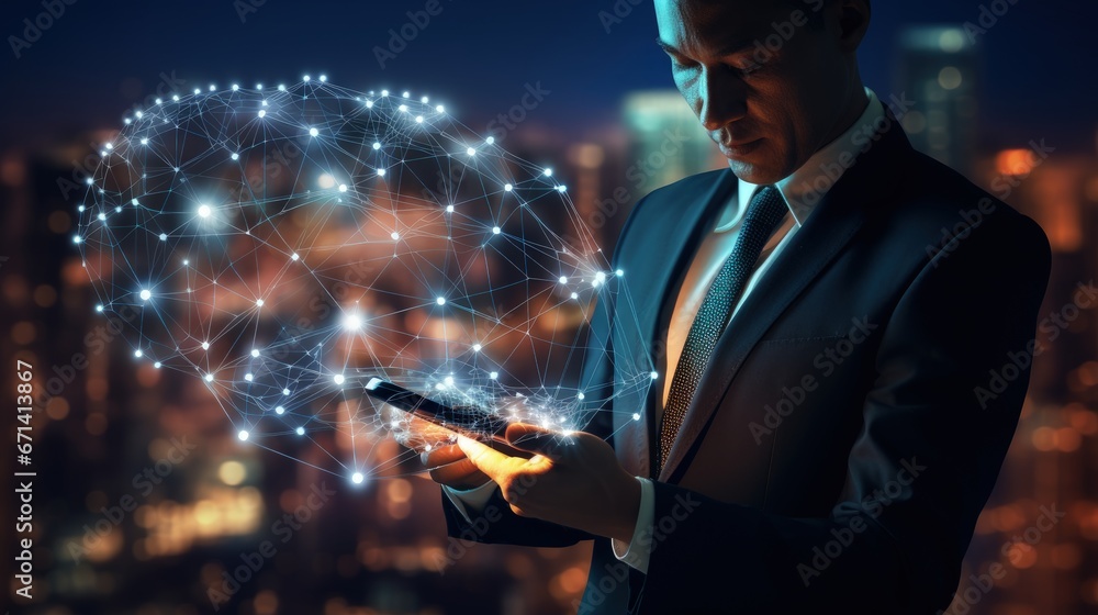 Poster Businessman touching on mobile phone and global structure networking and data exchanges connection, Digital marketing, Social Media, internet network connection, business and digital technology.