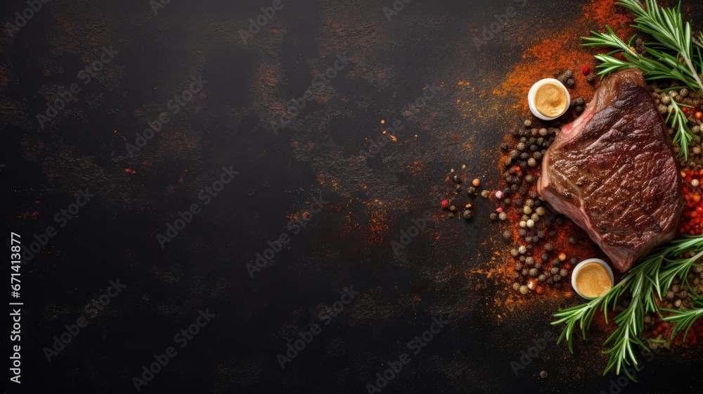 Poster grilled ribeye beef steak, herbs and spices. top view with copy space for your text