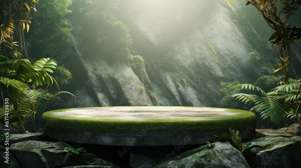 Aufkleber stone platform in tropical green forest for product presentation. 3d rendering