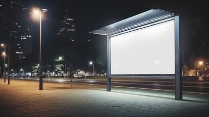 Modern Empty space advertisement board, blank white signboard in city in night, Bus stand empty billboard in night, Marketing banner ad space in city, Advertisement billboard on bus stand in city - obrazy, fototapety, plakaty