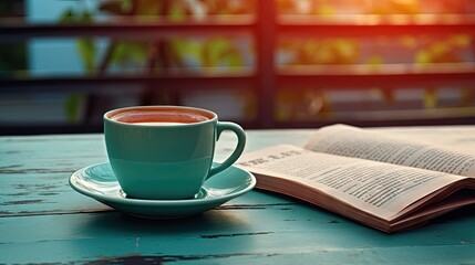 Coffee mug with newspaper on teal rustic table, cozy breakfast, vintage style