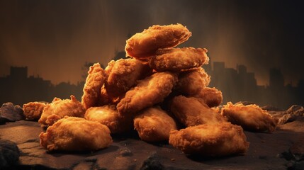 A view of a pile of vegan chicken nuggets. - obrazy, fototapety, plakaty