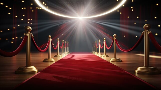 3d rendering red carpet and rope barrier with shining spotlights
