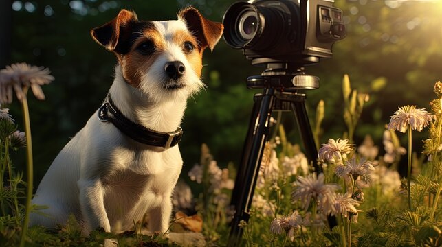 Dog jack russell terrier takes pictures on camera on a tripod outdoors.