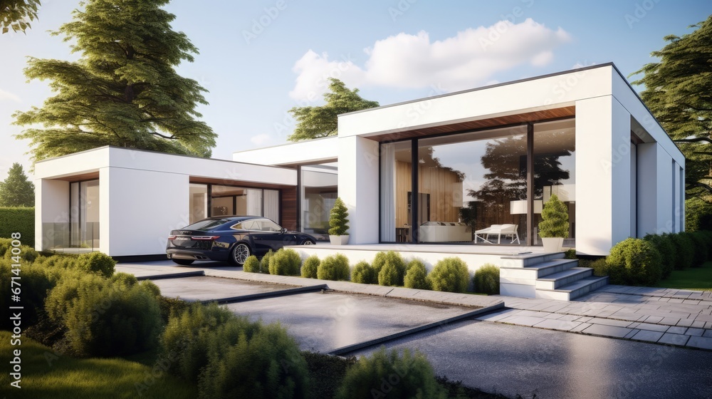 Aufkleber 3d rendering of white luxury house with garage and garden, modern architecture design.
