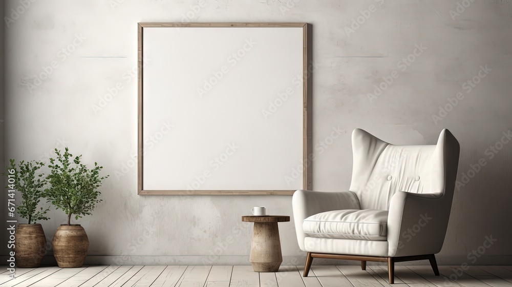 Sticker canvas mockup in minimalist interior background with armchair and rustic decor, 3d render