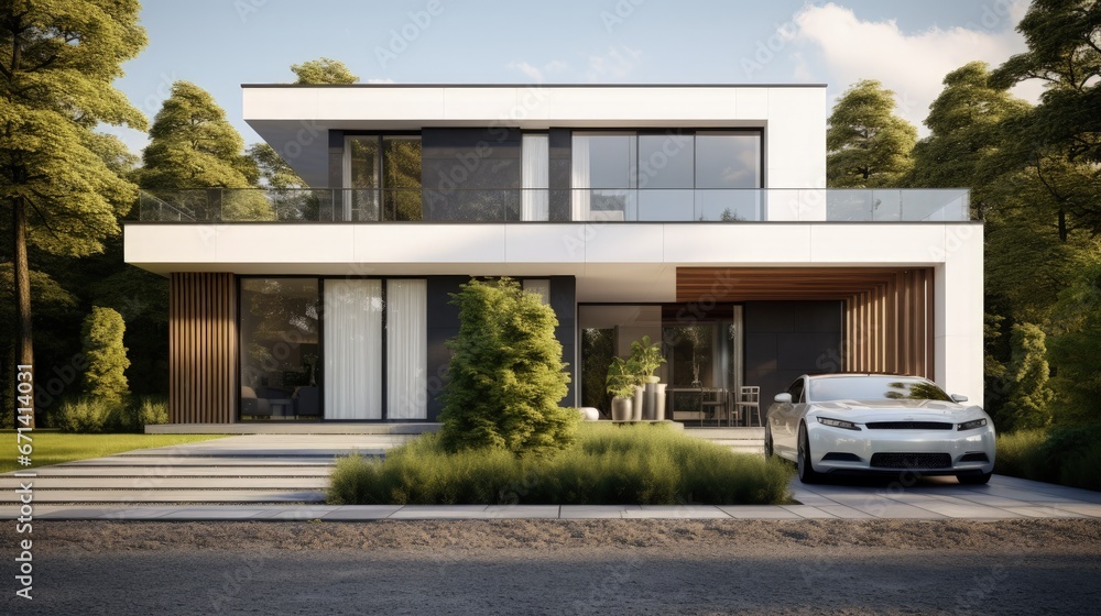 Poster 3d rendering of white luxury house with garage and garden, modern architecture design.