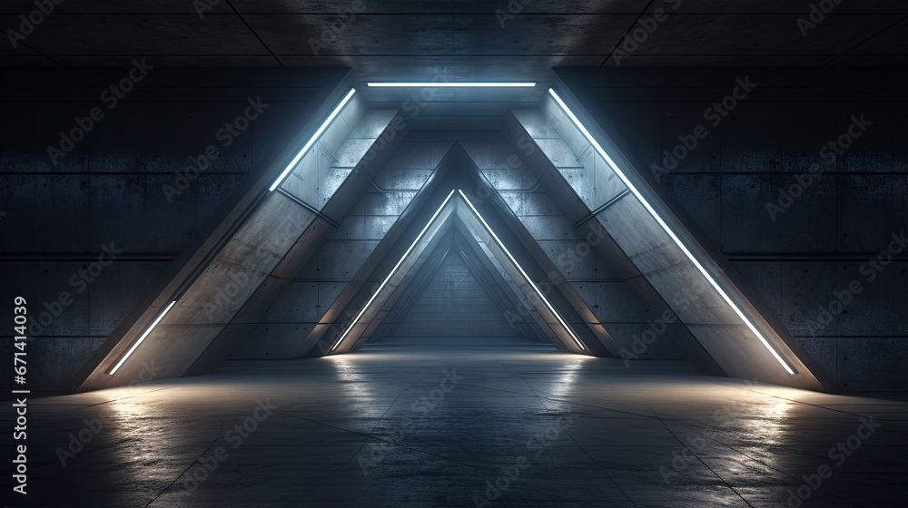 Aufkleber future triangle concrete block asphalt side window glowing dark realistic corridor hall tunnel garag