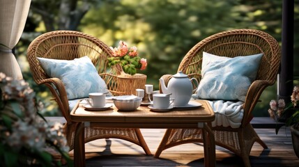 Beautiful rattan garden furniture, cup of tea and different decor elements outdoors