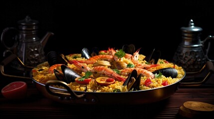 Traditional spanish seafood paella in the fry pan on a black wooden table.