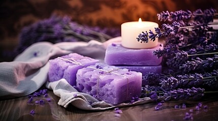 Lavender spa. Essential oils, sea salt, towels and handmade soap. Natural herb cosmetic with...