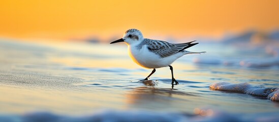 Sanderling bird during autumn migration near Baltic sea Curonian Spit Lithuania - obrazy, fototapety, plakaty