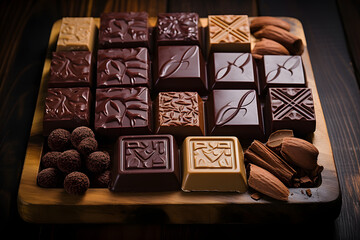 Chocolate arranged on a wooden table.