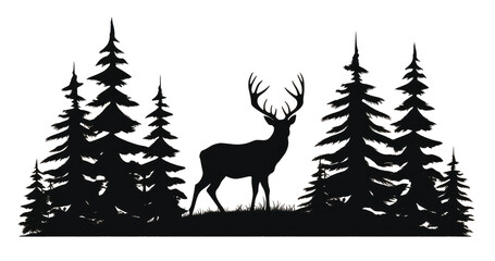 christmas tree with deer silhouette for logo - obrazy, fototapety, plakaty