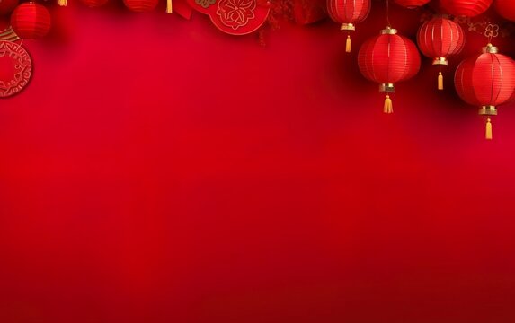 Spring Festival Poster. Banner template with hanging lanterns. Chinese New Year decorations on bright red background, copy space, flatlay, top view.