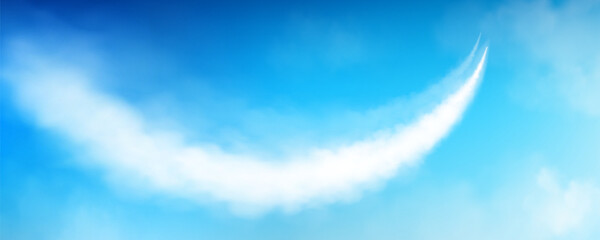 White smoke trail from airplane or rocket in blue sky. Realistic vector illustration of upward curving line of steam in air from plane takeoff. Vapor from aviation or jet with motion effect. - obrazy, fototapety, plakaty