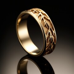 golden mens ring with branch ornaments - closeup product photo